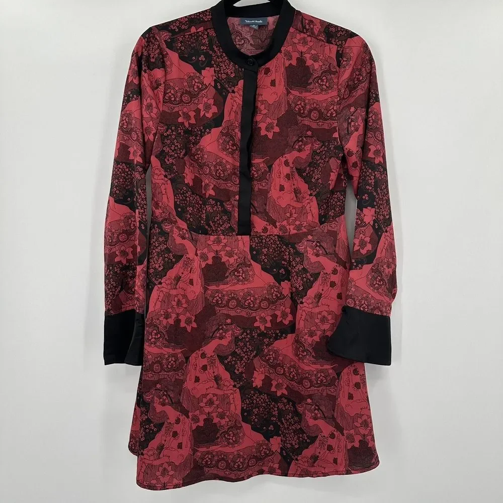 ModCloth‎ Red Black Floral Fairy Garden 1/2 Button Dress Size 2